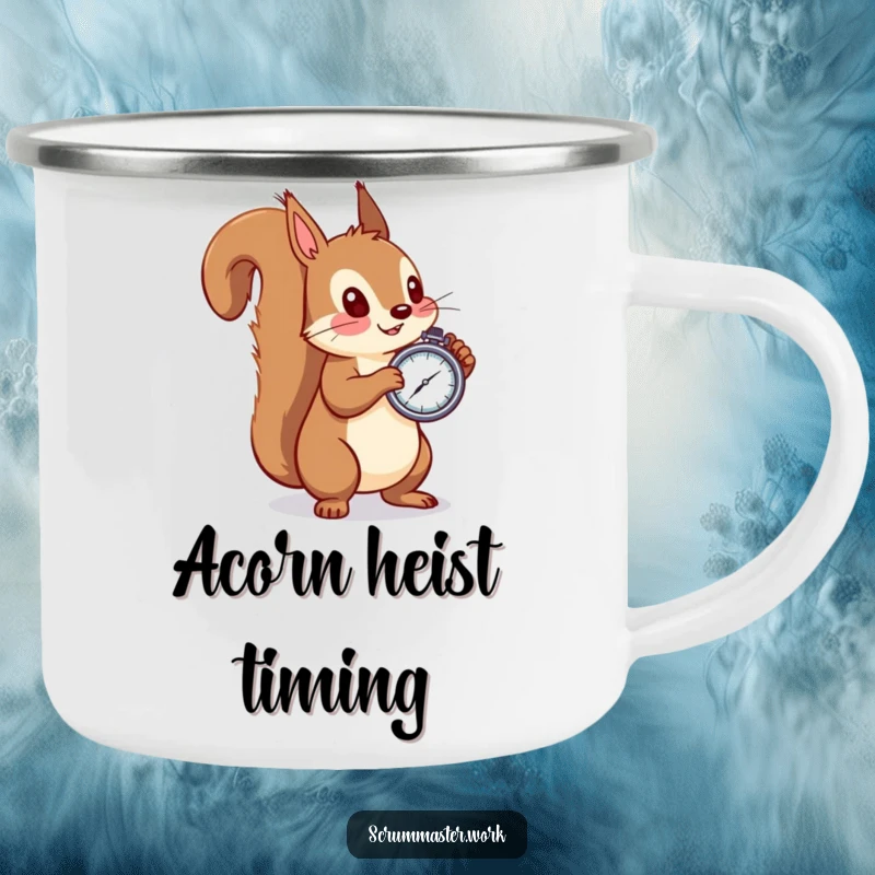 Funny squirrel camping mug, stopwatch in paw, observing nature, durable and humorous for outdoor enthusiasts.