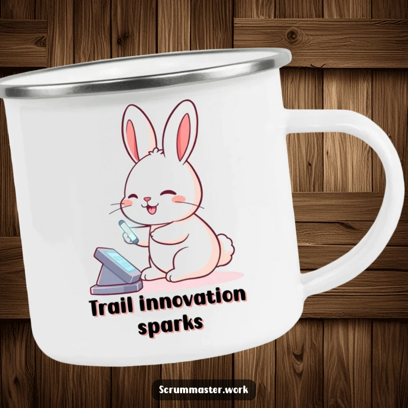 Funny Rabbit Virtual Board Camping Mug: A mug with a smiling rabbit using a stylus on a virtual board, for outdoor planning.