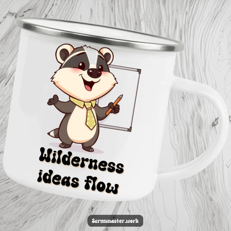 Funny Badger Tie Whiteboard Camping Mug: A mug with an enthusiastic badger pointing at a whiteboard, for outdoor planning.