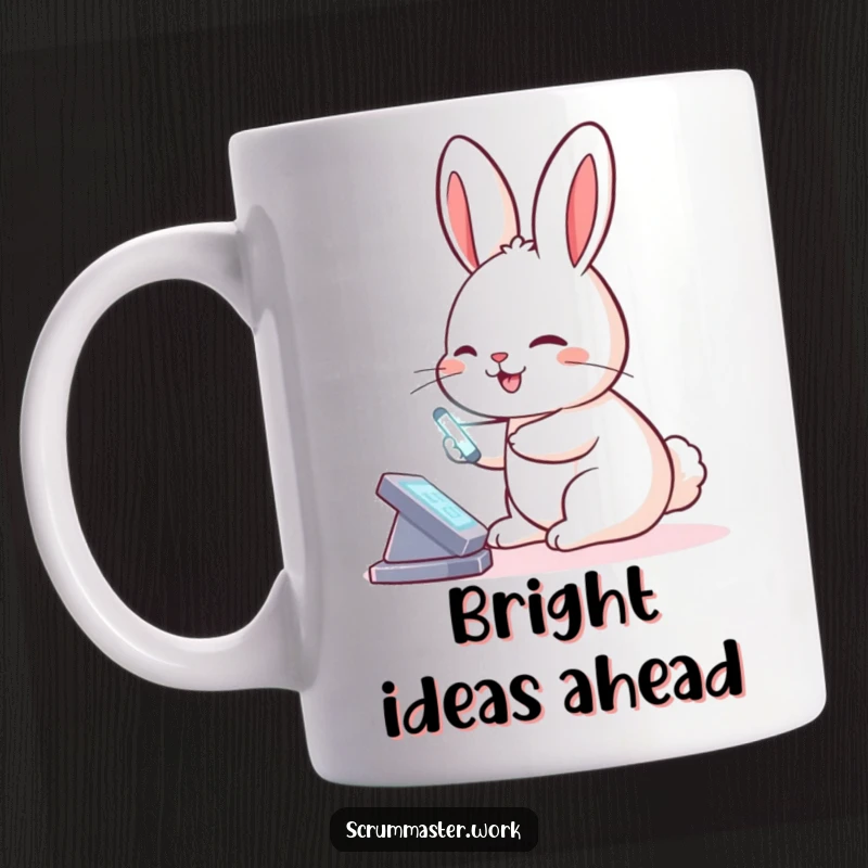 Funny Rabbit Virtual Board Mug: A smiling rabbit taps a virtual board with a glowing stylus, symbolizing tech progress.