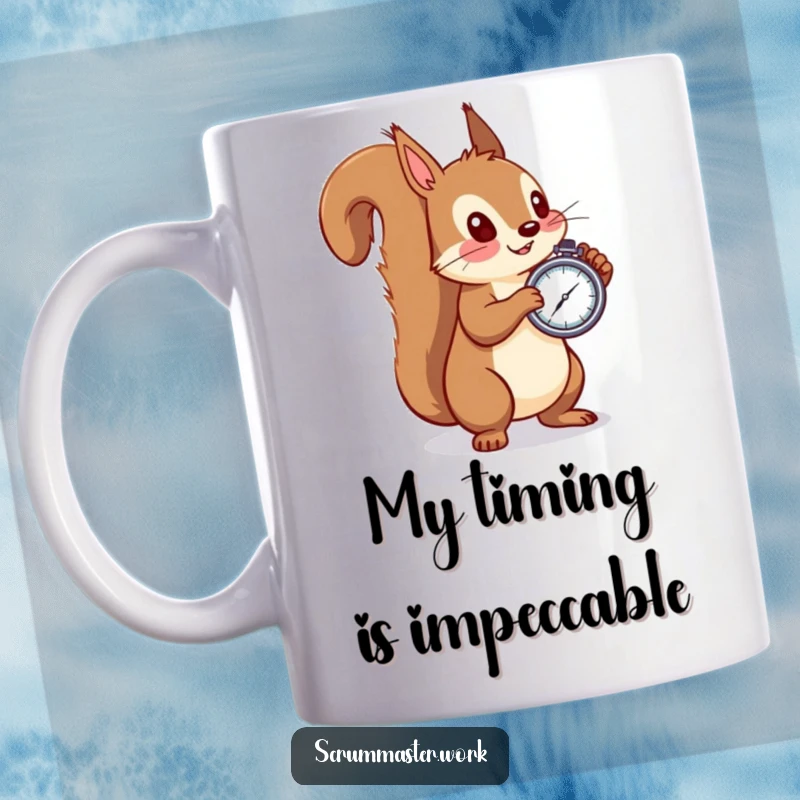 Funny squirrel mug with a stopwatch, intently watching synchronized action, perfect for bird watchers and humor enthusiasts gifting.