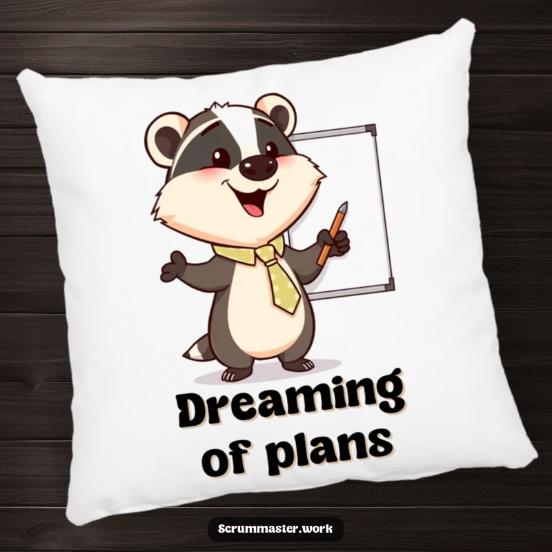 Funny Badger Tie Whiteboard Pillow: A soft pillow featuring a happy badger in a tie enthusiastically pointing at a whiteboard.