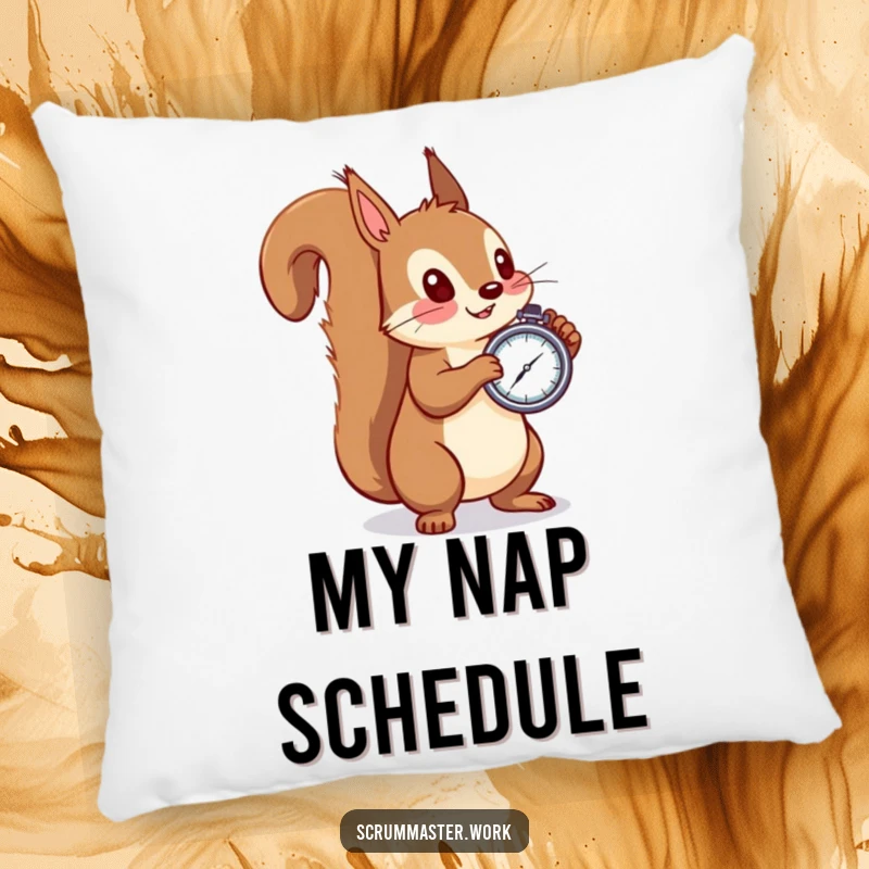 Funny squirrel pillow, holding a stopwatch, observing, soft and humorous decor item for any room.