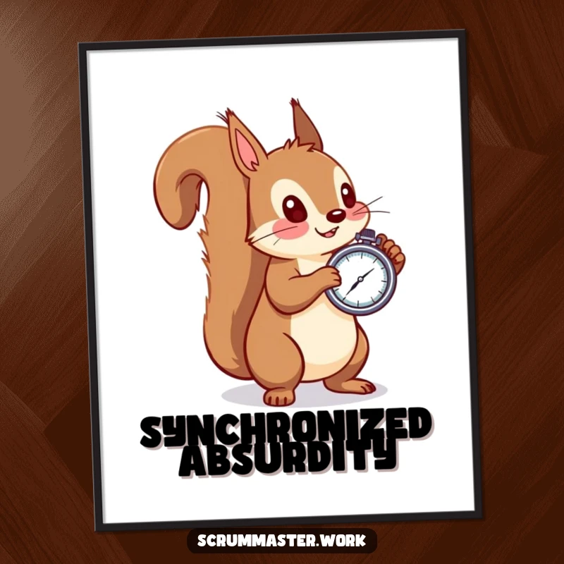 Funny squirrel digital art, stopwatch in paw, observing intently, humorous and downloadable wall art.