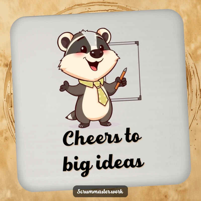 Funny Badger Tie Whiteboard Coaster: A coaster featuring a happy badger enthusiastically pointing at a whiteboard, for surface protection.