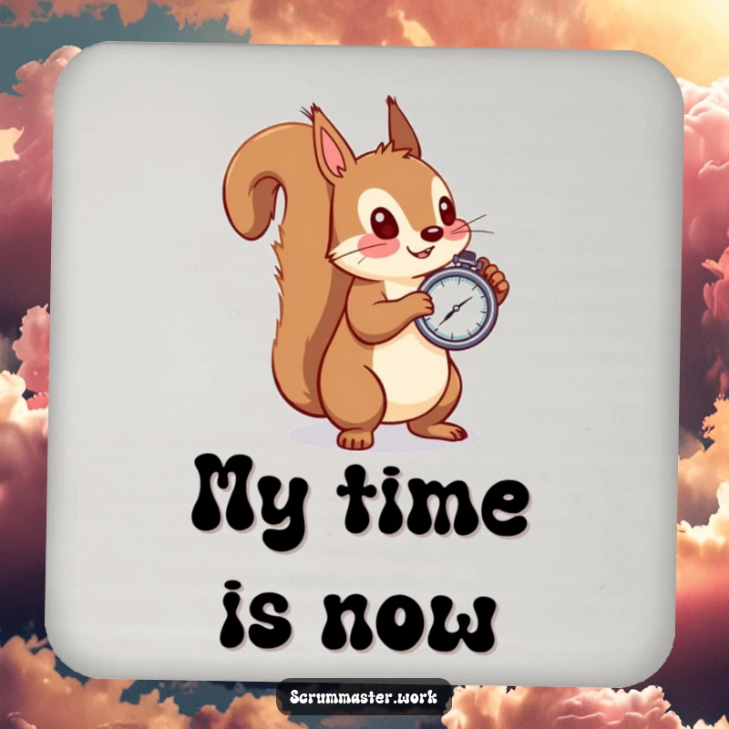 Funny squirrel drink coasters, stopwatch in hand, observing, protecting tables with humor and charm.
