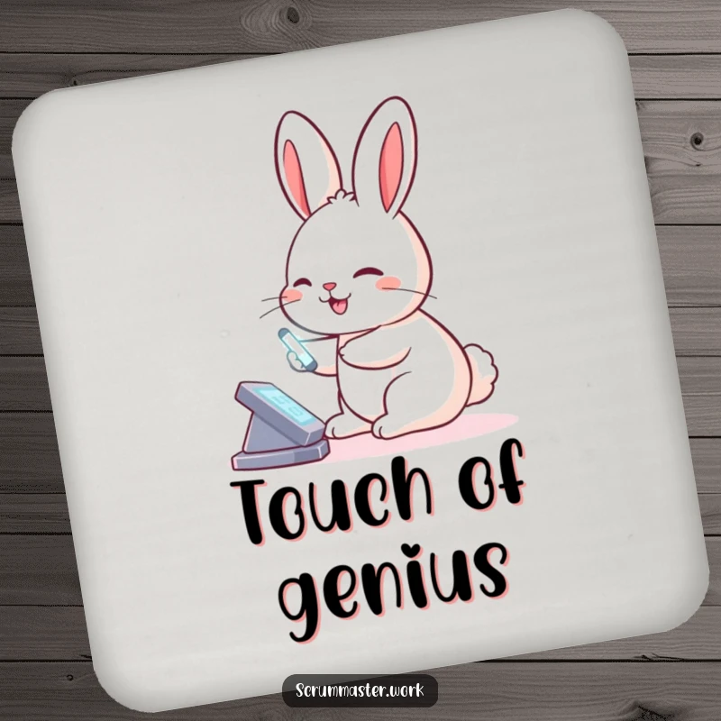 Funny Rabbit Virtual Board Coaster: A coaster featuring a smiling rabbit tapping a virtual board with a glowing stylus, for protection.