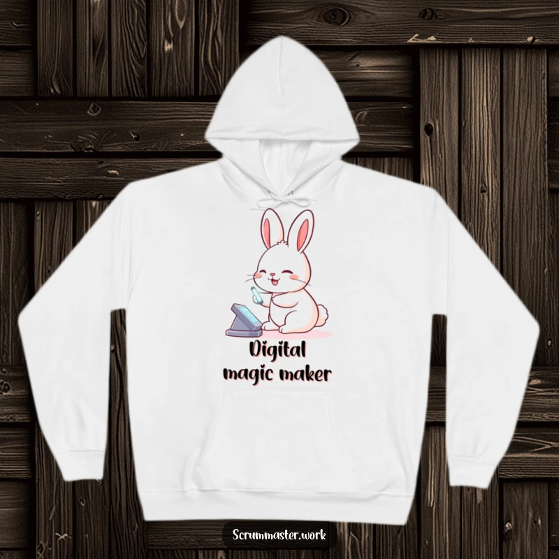 Funny Rabbit Virtual Board Hoodie: A cozy hoodie featuring a smiling rabbit tapping a virtual board with a glowing stylus.