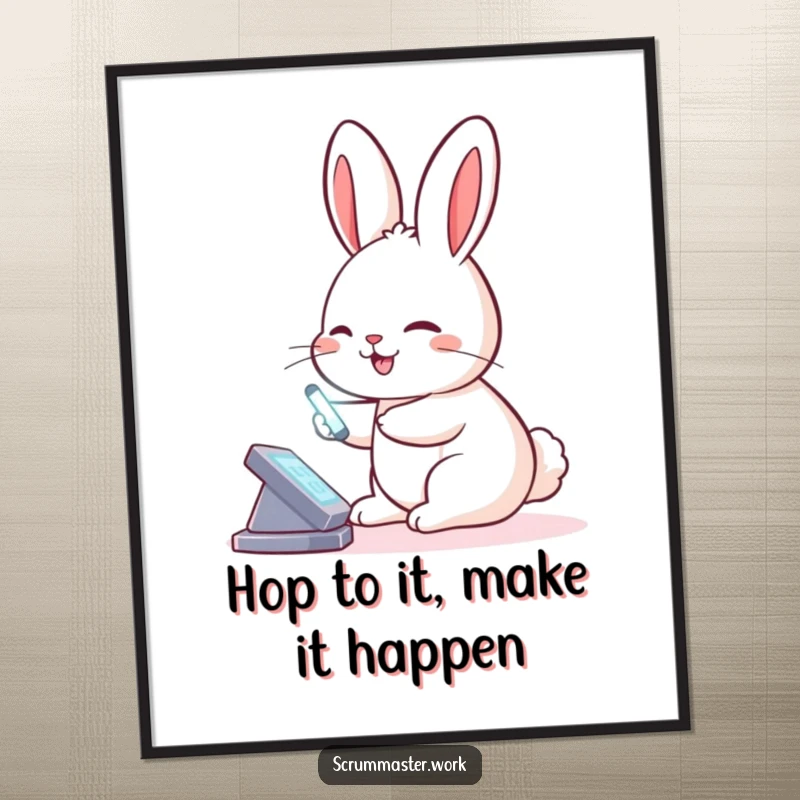 Funny free printable wall art of a smiling rabbit tapping a virtual board with a glowing stylus, representing digital ideas.