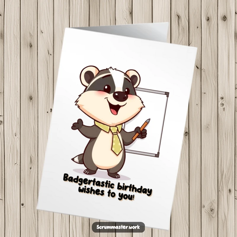 Funny free printable birthday card of a happy badger in a tiny tie, enthusiastically pointing at a whiteboard, sharing ideas.