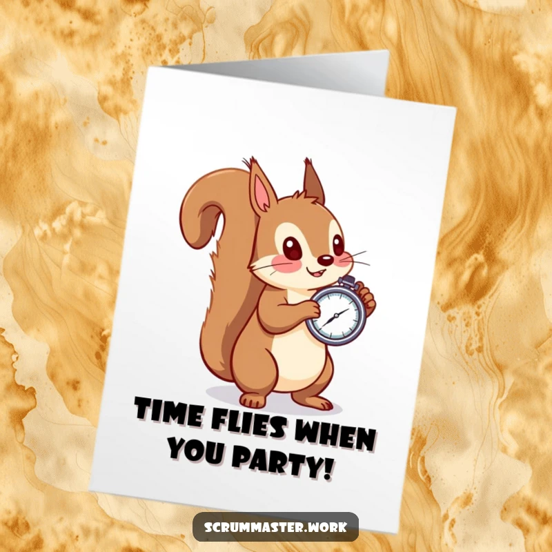 Funny Free Printable Birthday Card: Curious squirrel with stopwatch watches timed event, perfect for a giggle.
