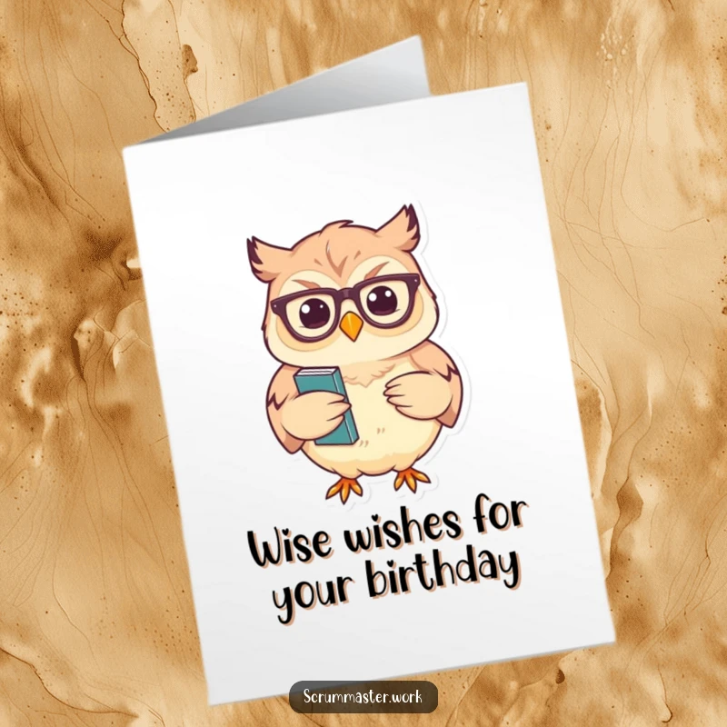 Funny free printable birthday card of a cheerful owl in glasses, nodding sagely while holding a stack of notes, conveying wisdom.