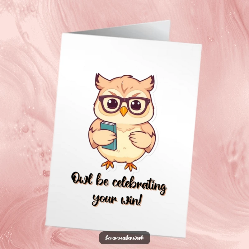 Funny free printable congratulations card of a cheerful owl wearing glasses, nodding sagely while holding a stack of notes, signifying approval.