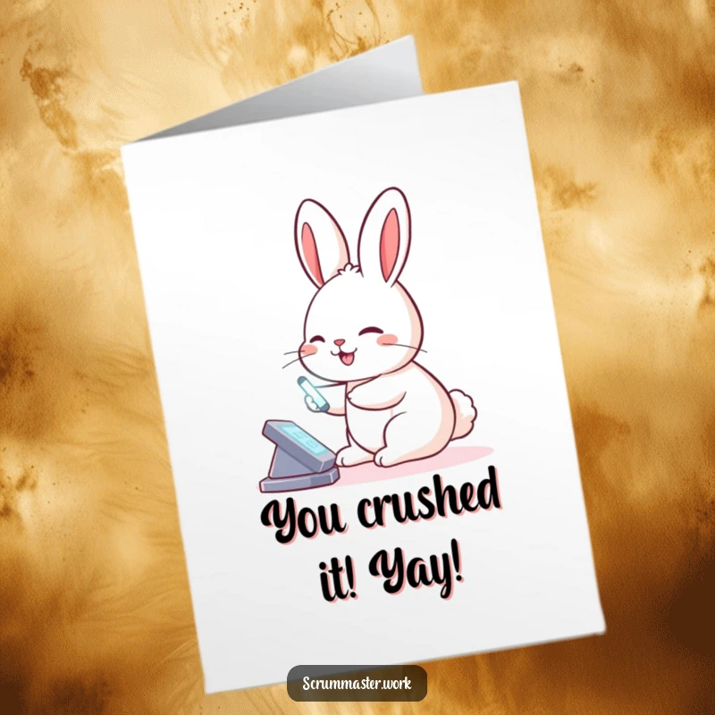 Funny free printable congratulations card of a smiling rabbit tapping a virtual board with a glowing stylus, showcasing digital prowess.
