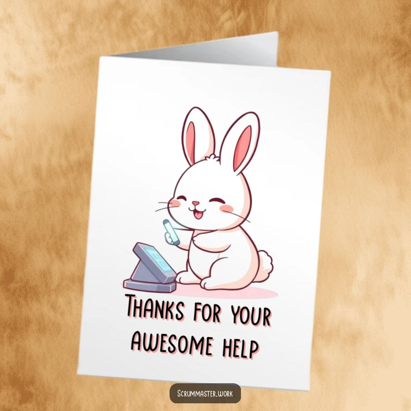 Funny free printable thank you card of a smiling rabbit tapping a virtual board with a glowing stylus, conveying digital appreciation.