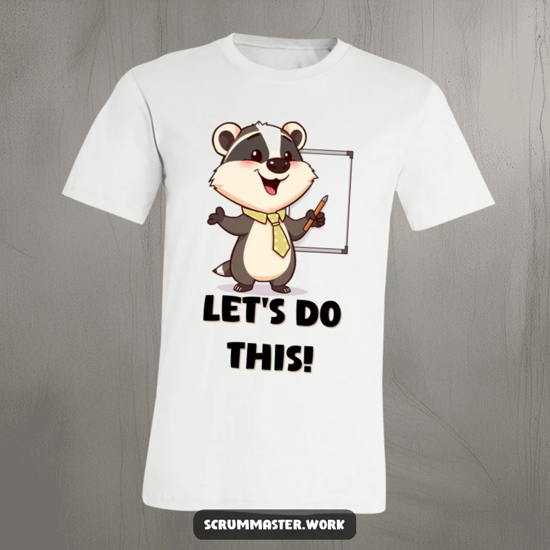 Funny Badger Tie Enthusiastic T-Shirt: A happy badger in a tie eagerly points at a whiteboard, embodying enthusiastic presentation.
