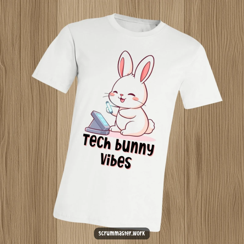 Funny Rabbit Virtual Board T-Shirt: A smiling rabbit uses a glowing stylus on a virtual board, representing modern tech enthusiasm.