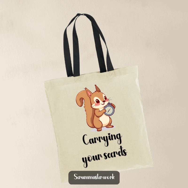 Funny squirrel tote bag, holding a stopwatch, observing an event, great for groceries and displaying humor.