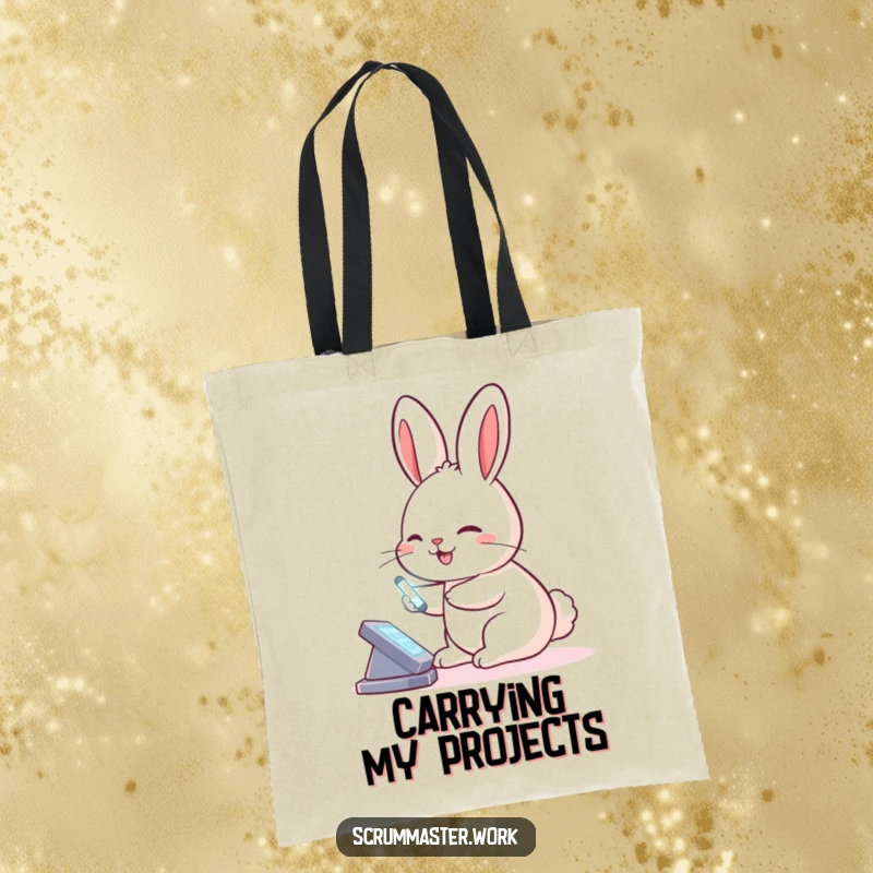 Funny Rabbit Virtual Board Tote Bag: A tote with a smiling rabbit using a stylus on a virtual board, perfect for tech gear.
