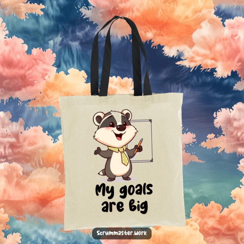 Funny Badger Tie Whiteboard Tote Bag: A tote with a happy badger enthusiastically pointing at a whiteboard, ideal for professionals.